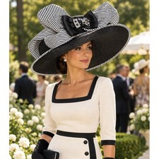 Whittall Shon Black White Stripe Wide Brim Derby Hat Rhinestone Bow Church