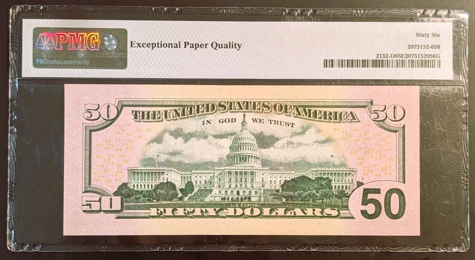 US $50 Dollar Bill 2013 Graded PMG 66. Fancy Serial # 18444418 Almost Palindrome - Image 2 of 4