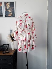 Silky feel rose print long sleeve belted waist smock style short dress size 10UK