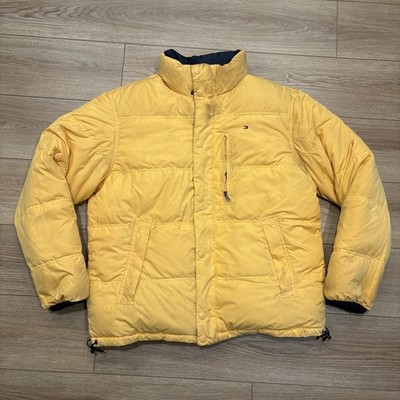 VTG Tommy Hilfiger Down Puffer Jacket Size L Yellow/ Navy Blue Reversible