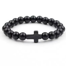  8mm Hematite Jesus Cross Bracelet Men Natural Africa Stone Beaded Bracelets UK 