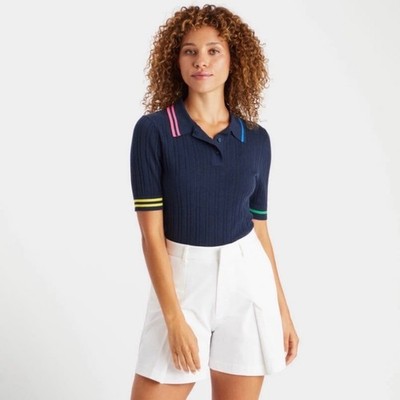 G/Fore Womens Contrast Stripe Ribbed Knit Polo Sweater Size XS S M L Navy Golf