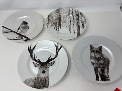 Pier 1 Lot Of 4 Salad Plates Snow Forest Fox Buck Bird Trees