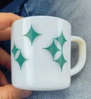 Vintage ATOMIC STARBURST Green Federal Milk Glass Mug Cup Stars Diamonds Nice!!