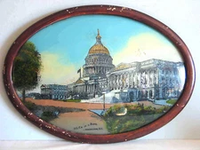 Antique REVERSE Glass Painting US Capitol Building Washington DC 21x15" FREE SH