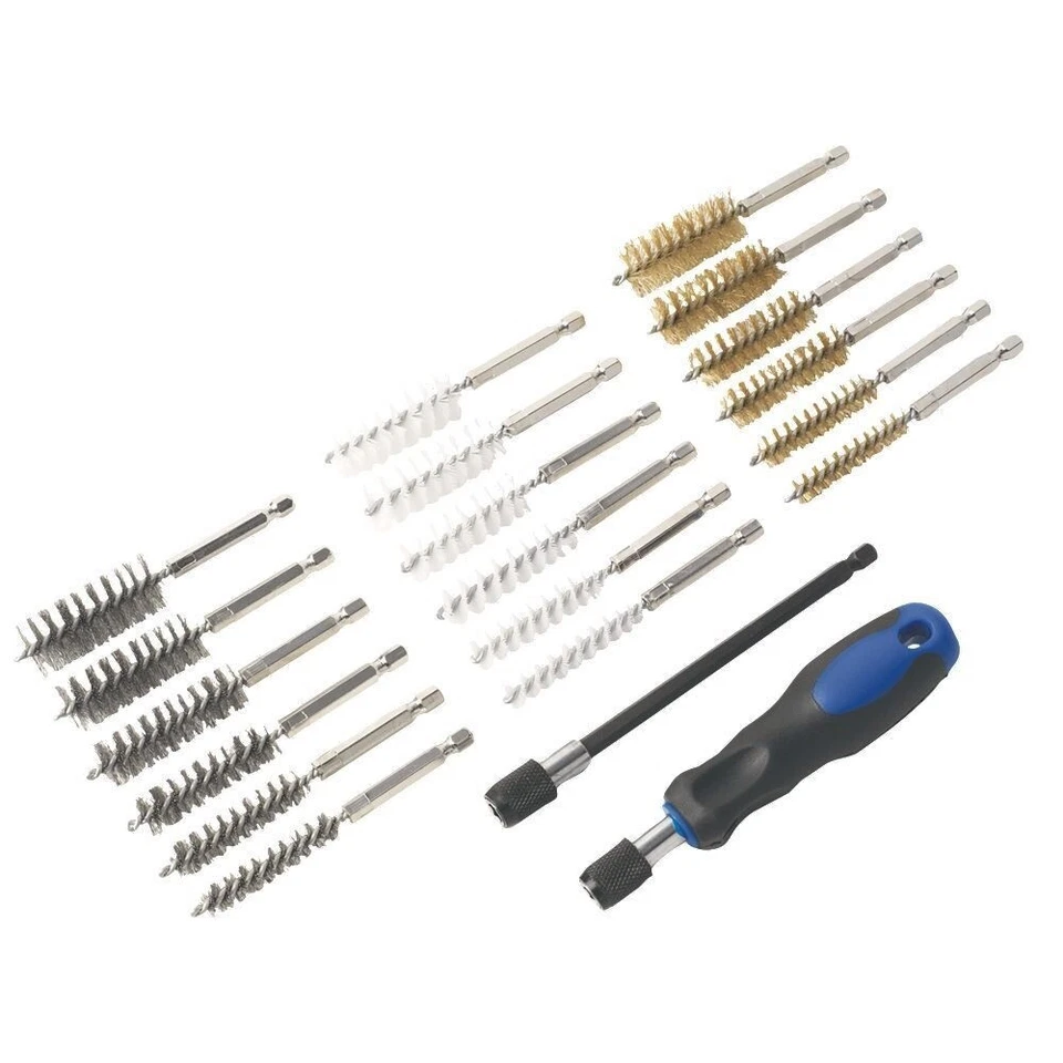 20PC SPIRAL THIN WIRE BRUSH SET BRASS HEX HEAD HANDLE DRILL BIT PIPE CLEANER KIT - Image 2 of 4