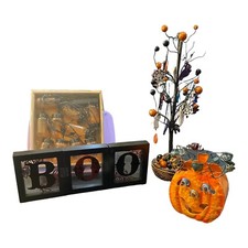 Lot of Halloween Decor, Pumpkin Tea Light Holder, Boo Sign, Tree, Pumpkin Lights