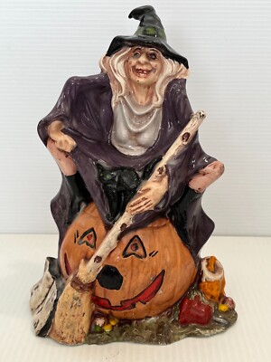 Vintage Halloween Witch Sitting on Pumpkin Handmade Byron Mold Figurine 11''