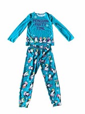 Justice Girls Pajama Set Colorful Penguin Print Blue Comfort Youth Size 8 EUC