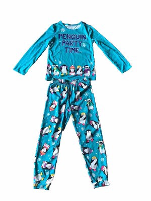 Justice Girls Pajama Set Colorful Penguin Print Blue Comfort Youth Size  EUC