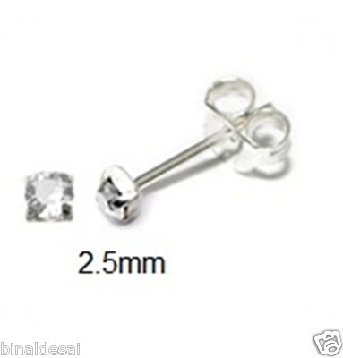 925 Sterling Silber kleine 2,5 mm runde klare Kristall Ohrstecker Nasenstecker