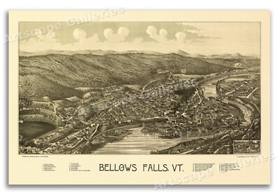 Bird's Eye View 1886 Bellows Falls Vermont Vintage Style City Map - 16x24