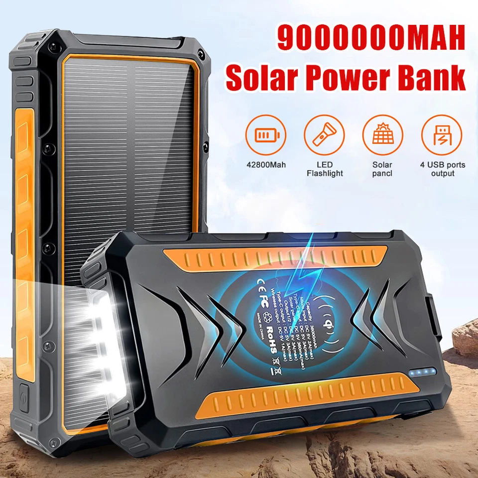 9000000mAh 太阳能移动电源 外置电池 备用充电器 快速充电 4 USB — 第 2/4 张图片
