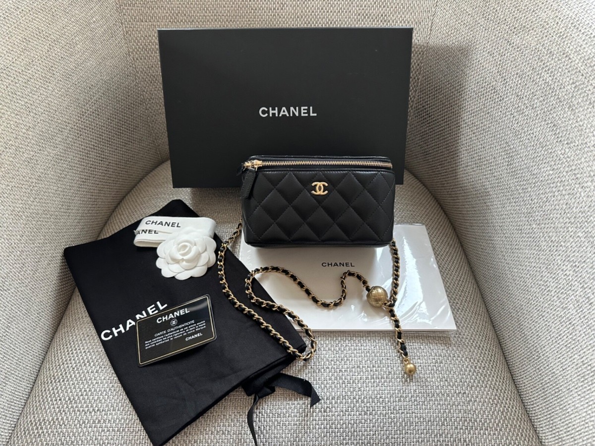 NIB 100%AUTH CHANEL Classic Black Lambskin Pearl Crush Long