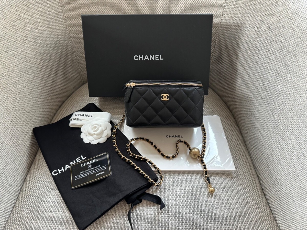 NIB 100%AUTH CHANEL Classic Black Lambskin Pearl Crush Long Vanity Bag on  Chain