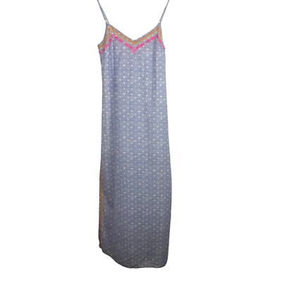 Tori Richard Size XS Blue White Shell Print Pink Embroidered Tank Maxi Dress