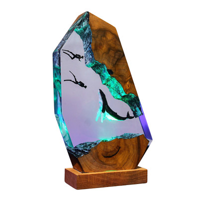 Humpback Whale and Divers Lamp, Deep Blue Sea, Ocean Resin Lamp, Whale Diorama.