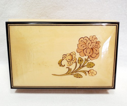 Vintage Marquetry Italian Wood Inlay Jewelry Music Box with Floral Motif Works