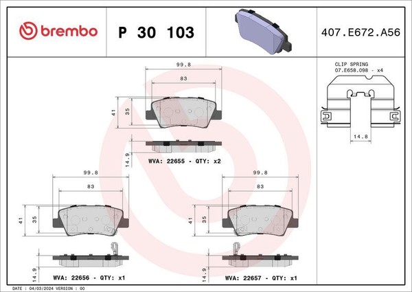 Brembo P 30 103 Bremsbelagsatz, Scheibenbremse FüR Hyundai KIA-image