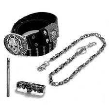 Men Bullets Big Buckle Waistband Rocker Party Real Leather Belt With Skull Chain