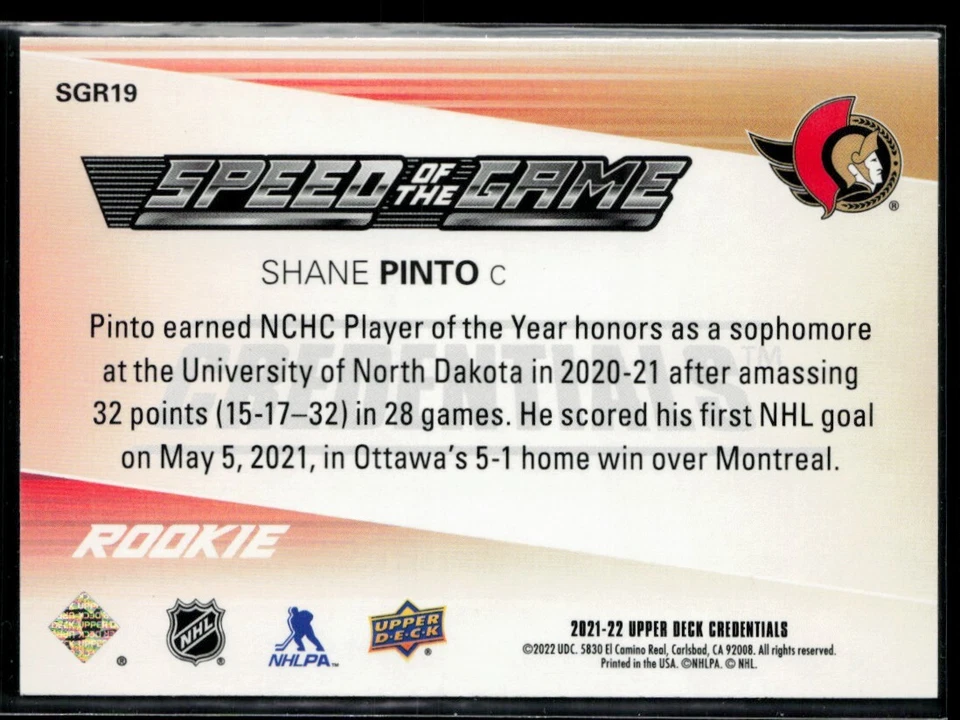 2021-22 Upper Deck Credentials Speed of the Game Rookies #SGR19 Shane Pinto - Image 2 of 2