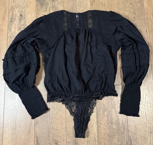 Intimately Free People Black Eloise Long Sleeve Gothic Edwardian Bodysuit Sz M - Picture 4 of 12