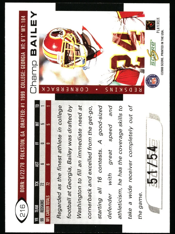 2000 Score #216 Champ Bailey Rare SSP Final Score - Image 2 of 2