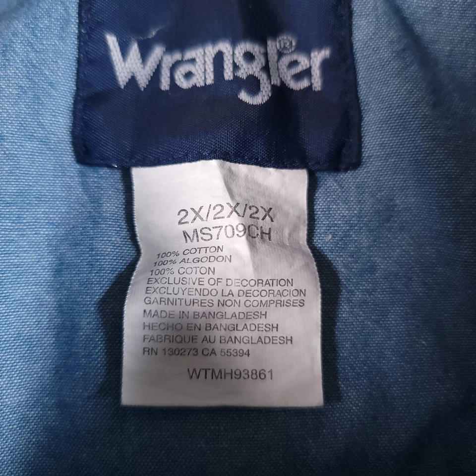 Wrangler Western Denim Snap Shirt 2XL Blue Chambray Long Sleeve 100% Cotton - Image 3 of 4