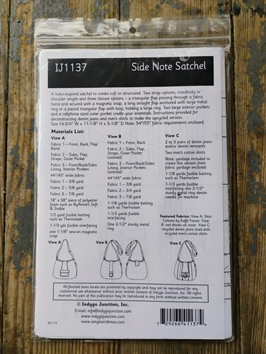 Indigo Junction Side Note Satchel IJ1137 Hobo Style Purse Pattern Mary Ann Donze - Picture 6 of 9