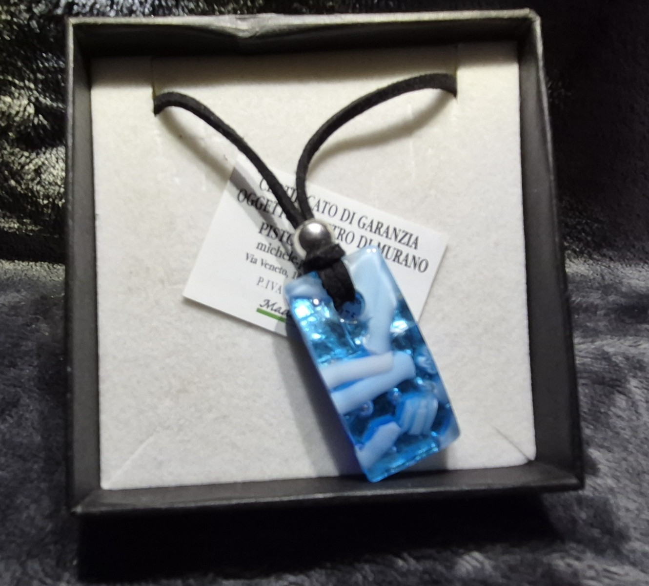 Murano Blue/White Rectangle Glass Pendant Necklace on Black Cord, Italy