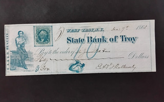 State Bank of Troy N.Y. Bank Check (Blue) 1873 'Good Used Condition'