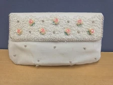 1950s 1960s Magid Ivory Clutch Purse With Pink Rosettes, Vintage Clutch, Handbag