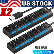 2X USB Hub 7 Port On/Off Switch High Speed Splitter AC Adapter Cable PC Laptop