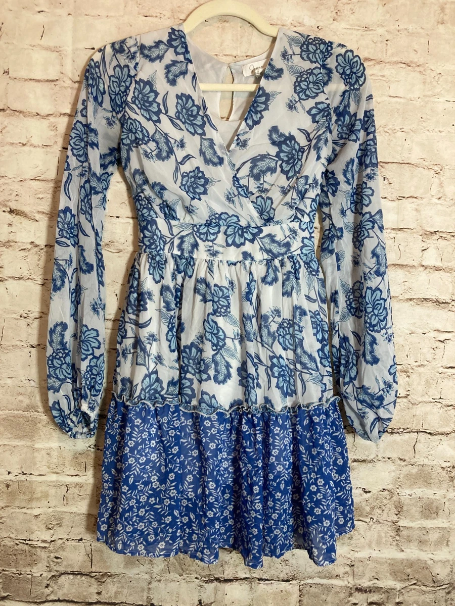 japna blue dress JAPNA NEW Womens Small Maxi Dress Blue White Cutout Smock Boho Tiered  Sleeveless