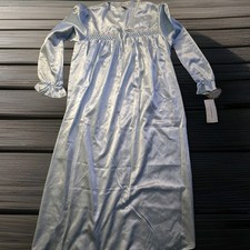 Vtg FUNDAMENTALS Nightgown Blue Satin Long Shirred Pleated Cottage Romantic USA