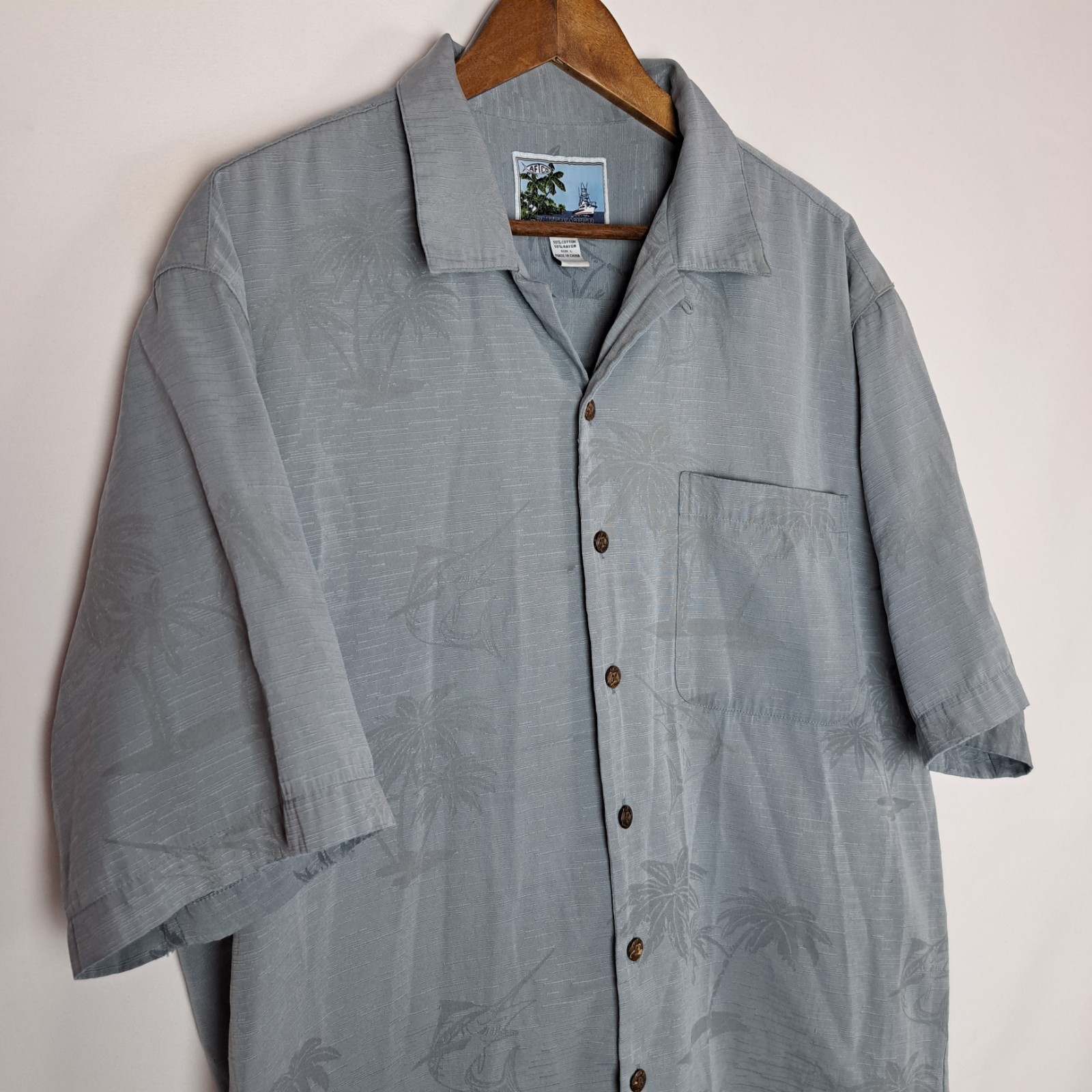 AFTCO Bluewater Hawaiian Shirt Mens Large Gray Button Up S/S Palm Trees Embossed