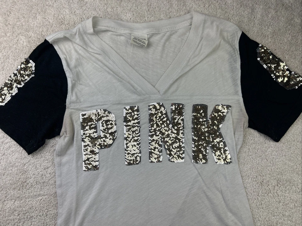 Victorias Secret PINK In Gold on White/Black Sequin Logo V-Neck Tee T-Shirt Top - Image 2 of 4