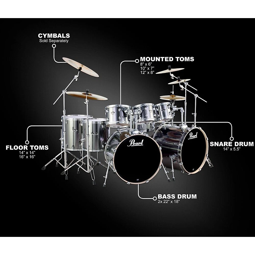 Pearl Export Double Bass 8 Piece Drum Set Smokey Chrome