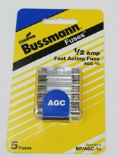 Cooper Bussmann Fuse 1/2 Amp Fast Acting Fuse AGC-1/2 5pk 