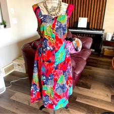 Vintage Castille Midi Dress Red Floral Made in France 100% Cotton Size US 18