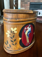 LARGE VINTAGE HANDMADE PAINTED HINGED WOOD BEER TANKARD HANDLED MUG FOLK ART EXC