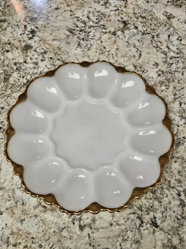 Vintage Anchor Hocking White Milk Glass Deviled Egg Dish Plate Platter Gold Rim