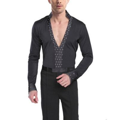 Men Latin Tango Salsa Dance Shirt Ice Skating Leotard Tops Ballroom Dancewear 