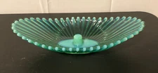 Vintage Green Glass Oval Opalescent Ribbed Centerpiece Bowl/Dish
