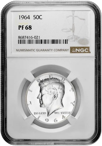 1964 50c Silver Proof Kennedy Half Dollar NGC Graded PF 68 with New Holder