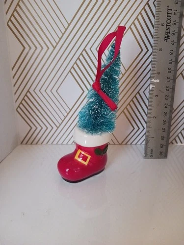 Ceramic Santa Boot Christmas Ornament Small Bottle Brush Tree