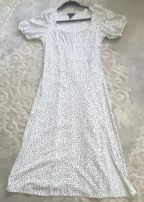 New Look UK 14 White Black Polka Dot Square Neck Puff Sleeve Long Dress Tie - Image 1 of 4