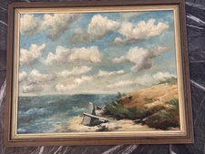 LANDSCAPE Oil PAINTING Seaside Waves Clouds Beach Shore SIGNED M WILLIAMS