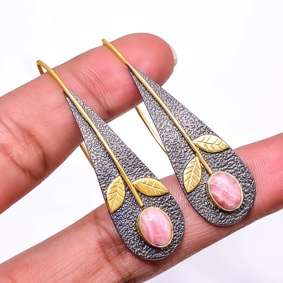Rhodochrosite - Argentina 925 Silver Black & Gold Plated Earring 2.15" E52 - Image 3 of 4