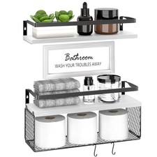 White Floating Shelves Over Toilet Bathroom Wall Shelf Storage Basket Decor Sign